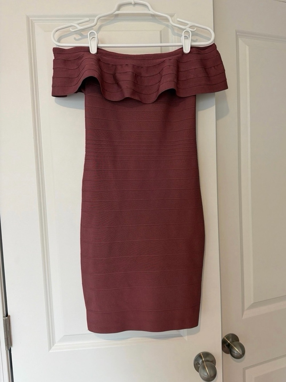 Fashion Nova Off-Shoulder Ruffle Bodycon Dress in Mauve